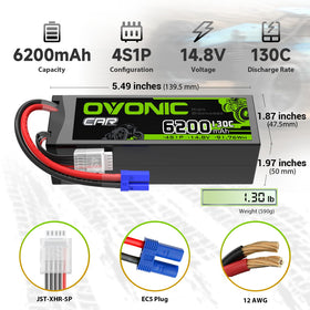 OVONIC 4S LiPo battery side label shows key specs for RC use.