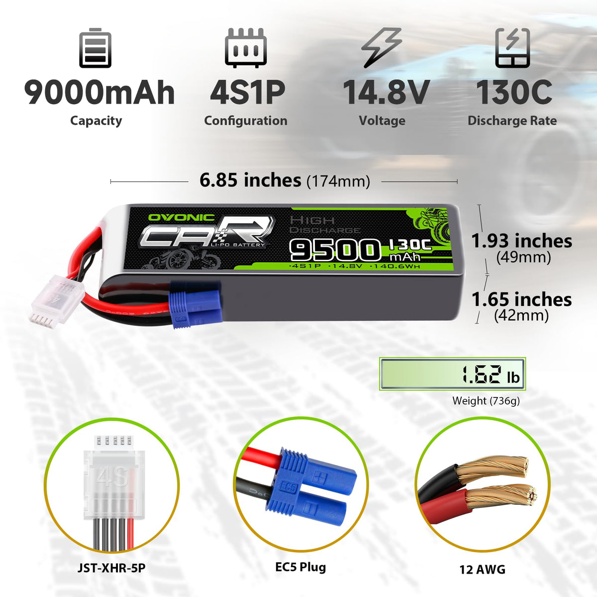 OVONIC 4S LiPo battery side view showing compact dimensions for tight compartments