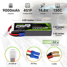 OVONIC 4S LiPo battery side view showing compact dimensions for tight compartments