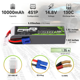 OVONIC 4S LiPo battery side view shows slim profile for balanced fit in airframes.