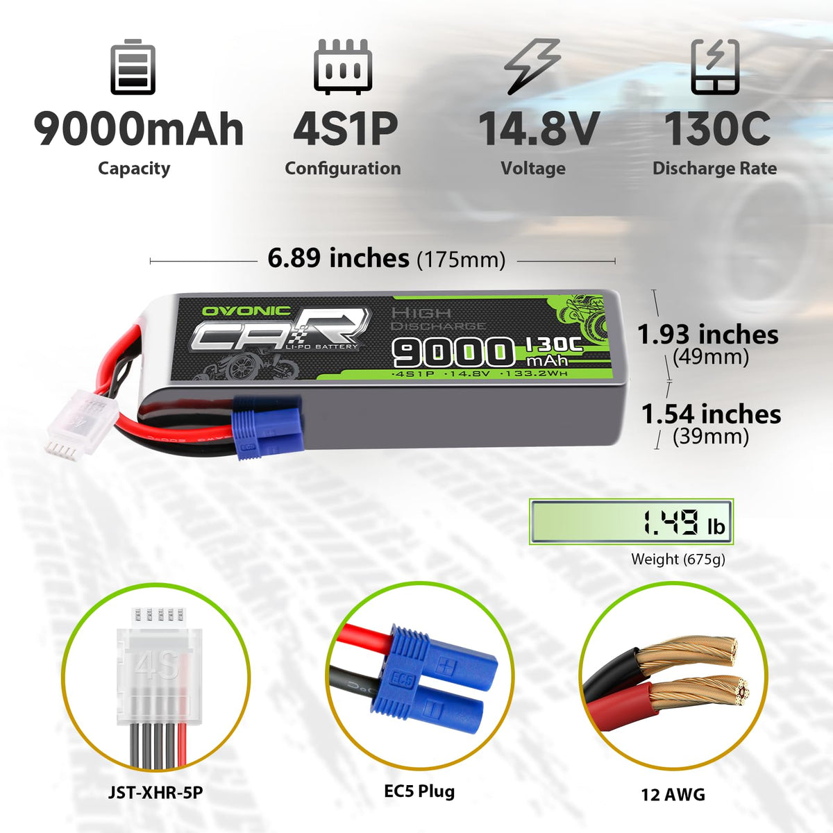OVONIC 4S LiPo 9000mAh battery, 130C, for high-power RC models