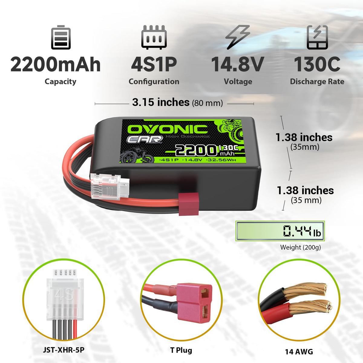OVONIC LiPo battery with Deans connector for high current RC use.