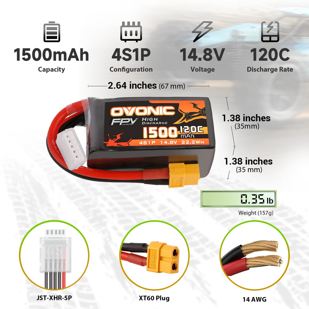 OVONIC 4S LiPo battery with compact 67x35mm form fits tight frames