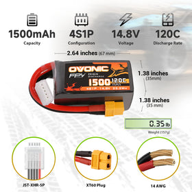 OVONIC 4S LiPo battery with compact 67x35mm form fits tight frames