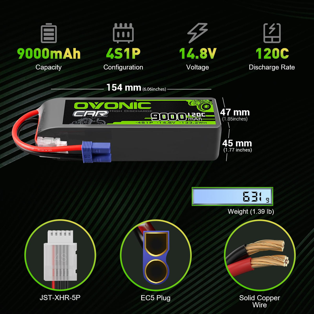 OVONIC 4S LiPo battery side view shows compact fit for diverse RC setups