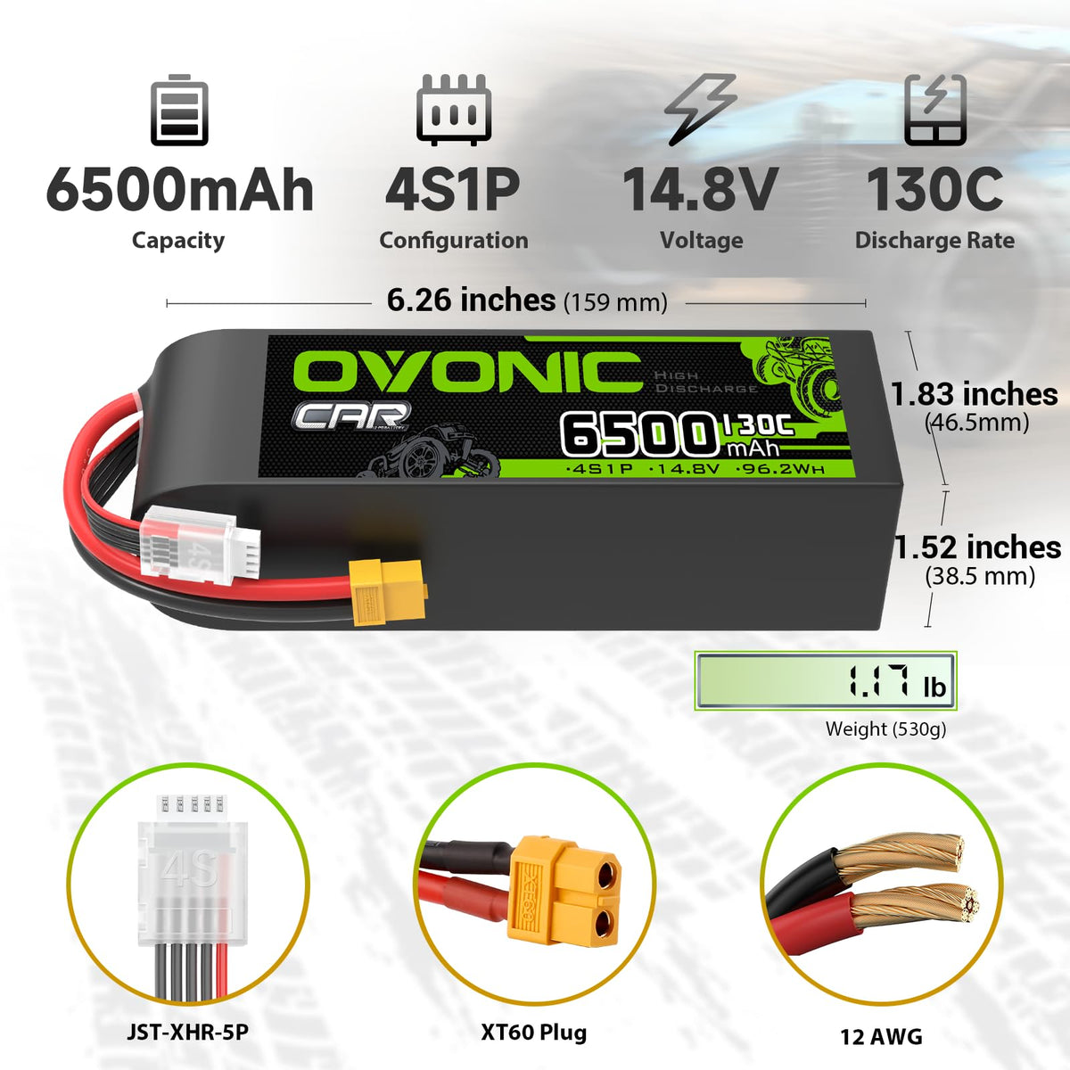 Close-up of the XT60 connector on the OVONIC 4S battery for reliable power delivery.