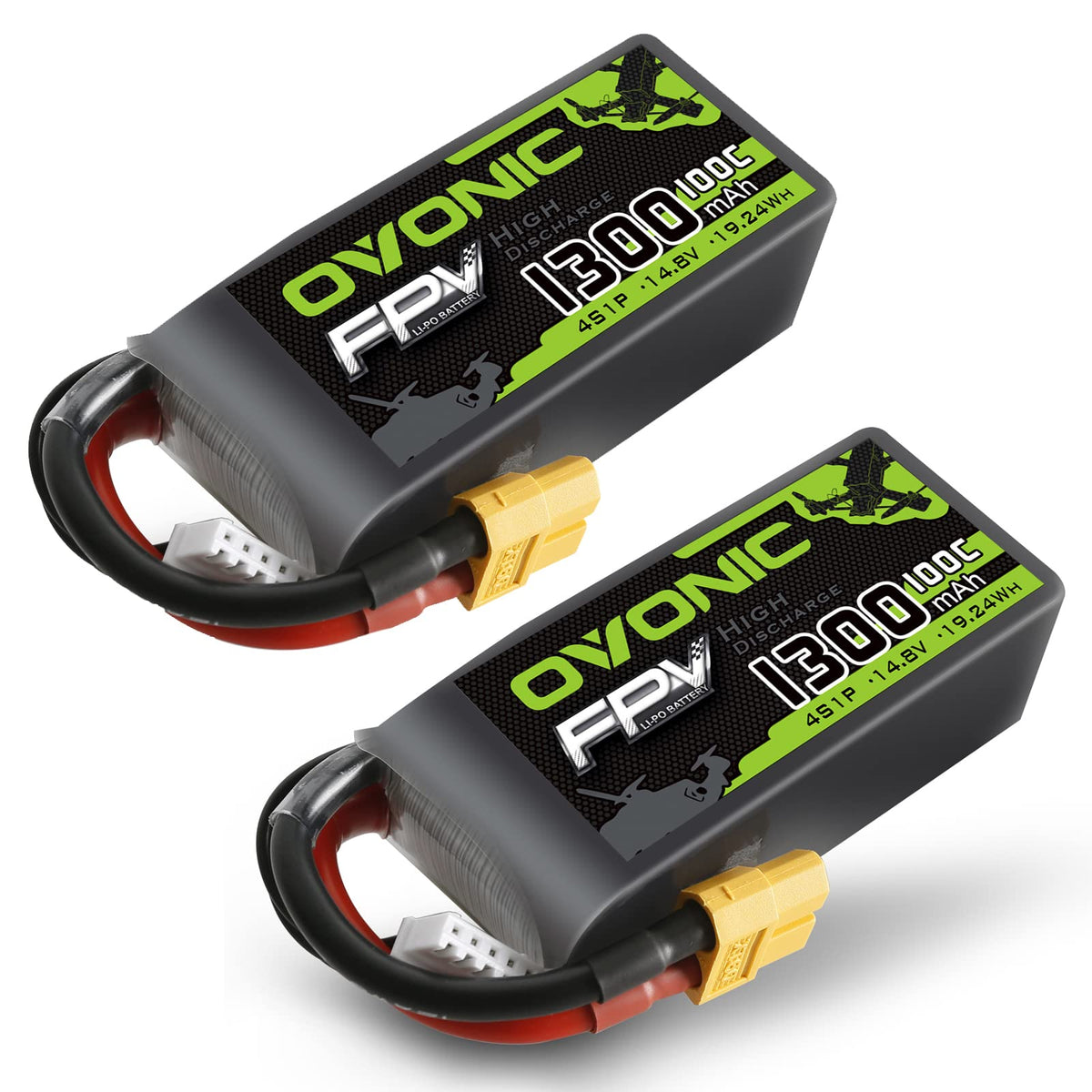 OVONIC 4S LiPo battery with XT60 connector shown in a two-pack for FPV drones.