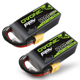 OVONIC 4S LiPo battery with XT60 connector shown in a two-pack for FPV drones.