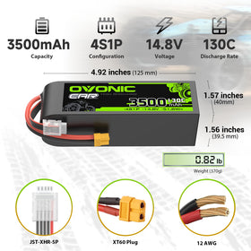 OVONIC 4S LiPo battery with XT60 connector side view ensures reliable power delivery.