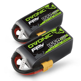 OVONIC 4S LiPo battery with XT60 connector powering FPV drones for reliable flights.