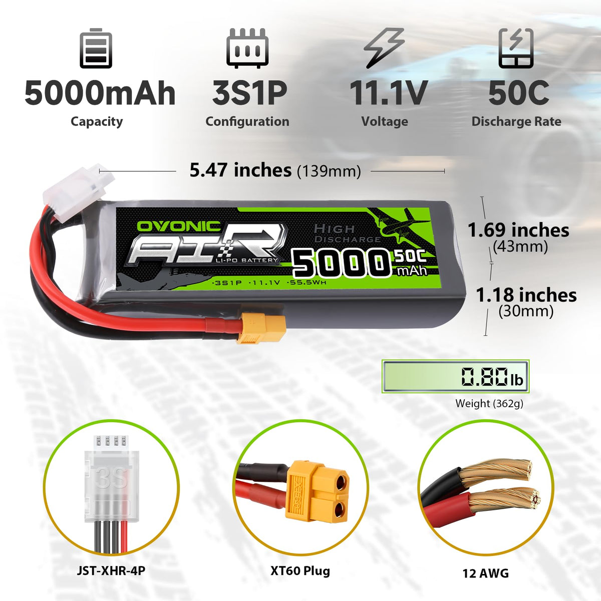 OVONIC 3S 5000mAh LiPo with compact dimensions 132x42x27 mm for tight RC spaces