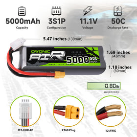 OVONIC 3S 5000mAh LiPo with compact dimensions 132x42x27 mm for tight RC spaces