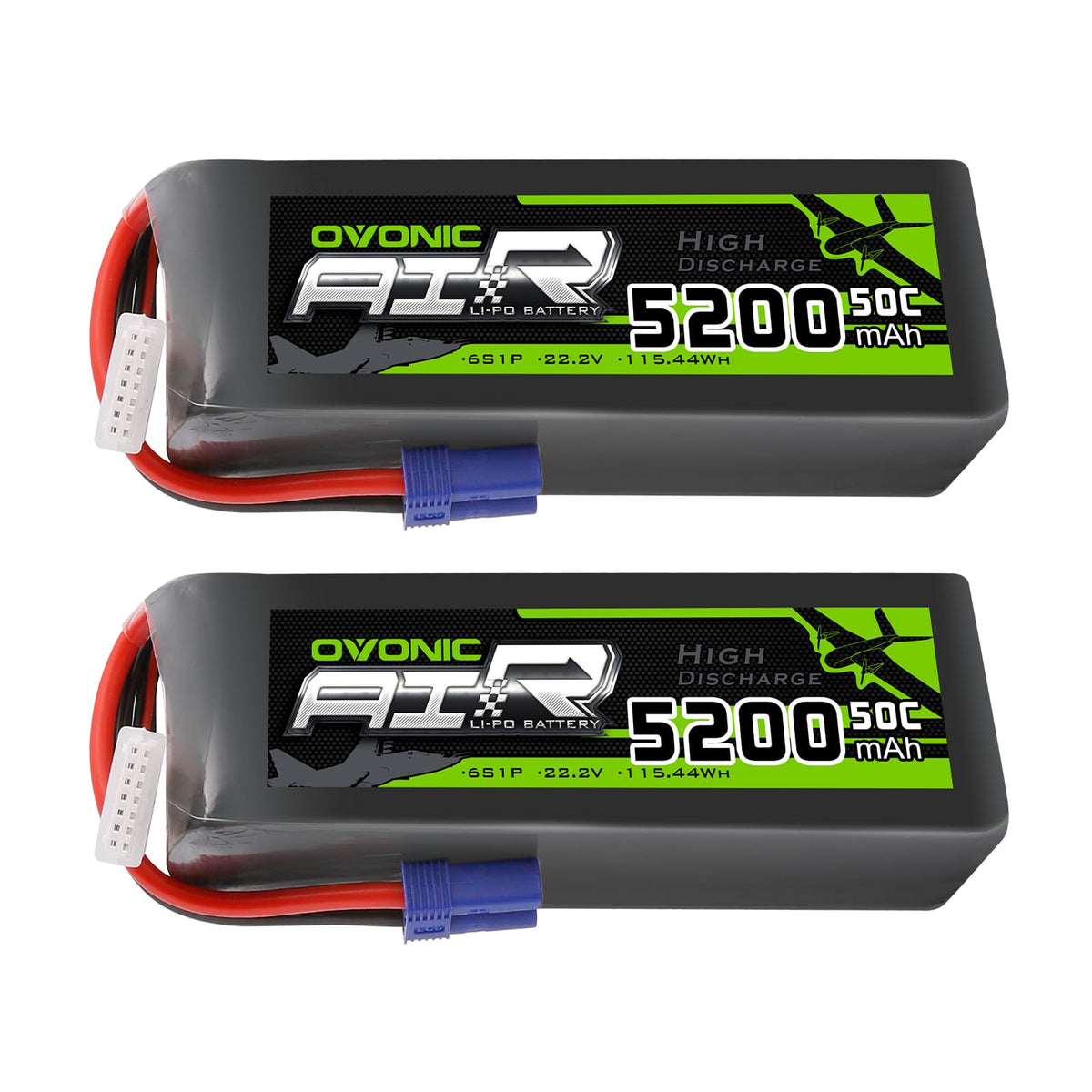 OVONIC 5200mAh 22.2V 6S LiPo battery with EC5 connector for longer RC flights.