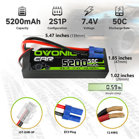 OVONIC 5200mAh 7.4V RC battery side view for compact fit