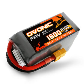 OVONIC 6S 1600mAh battery with XT60 connector for FPV drones delivering steady power.
