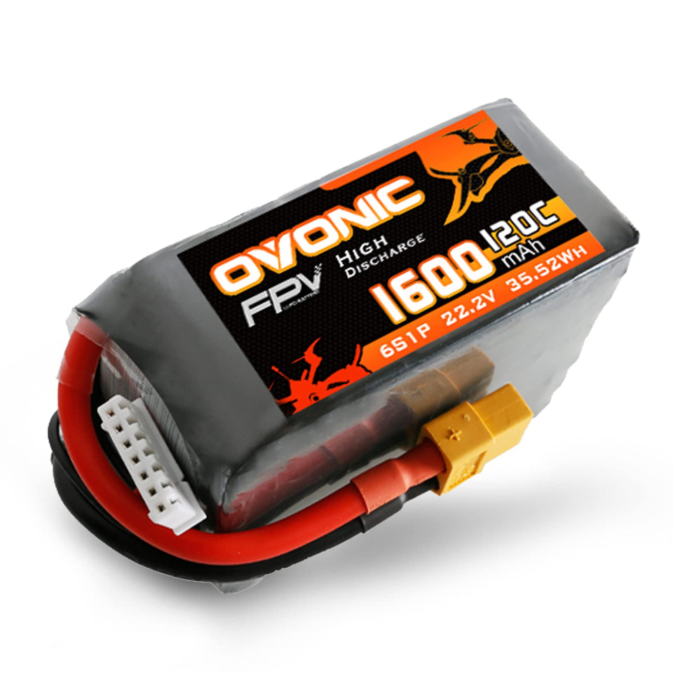 OVONIC 6S 1600mAh battery with XT60 connector for FPV drones delivering steady power.