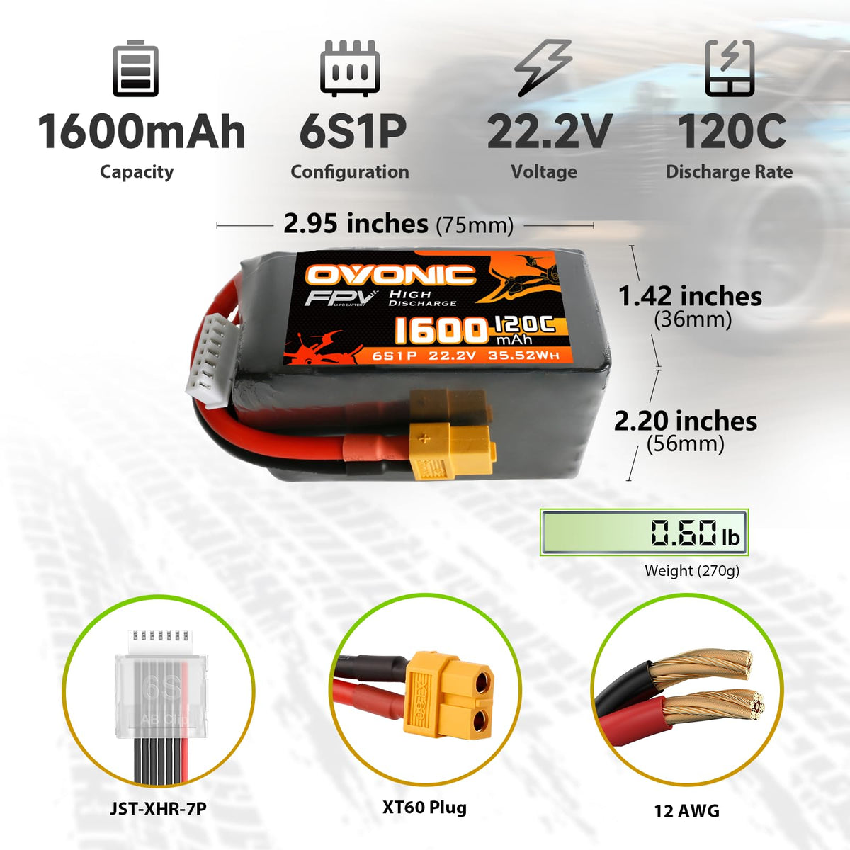 OVONIC 6S 1600mAh battery with compact dimensions for race drones.