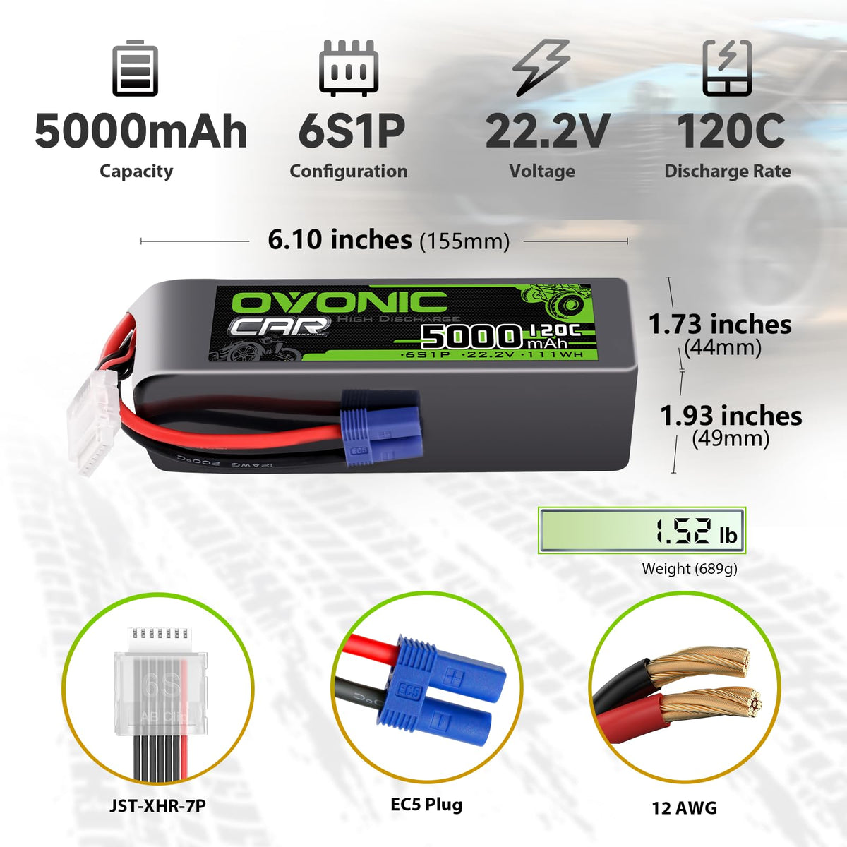 OVONIC 6S LiPo battery side view showing compact 22.2V design.