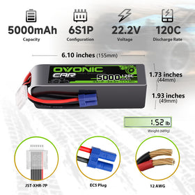 OVONIC 6S LiPo battery side view showing compact 22.2V design.