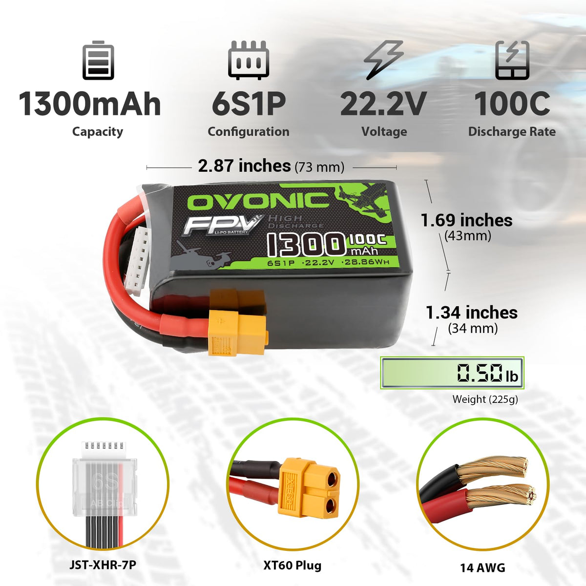 OVONIC 6S LiPo dimensions 73x43x34 mm for compact packs