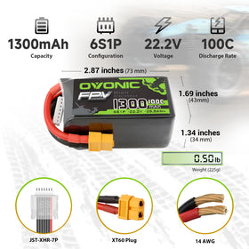 OVONIC 6S LiPo dimensions 73x43x34 mm for compact packs
