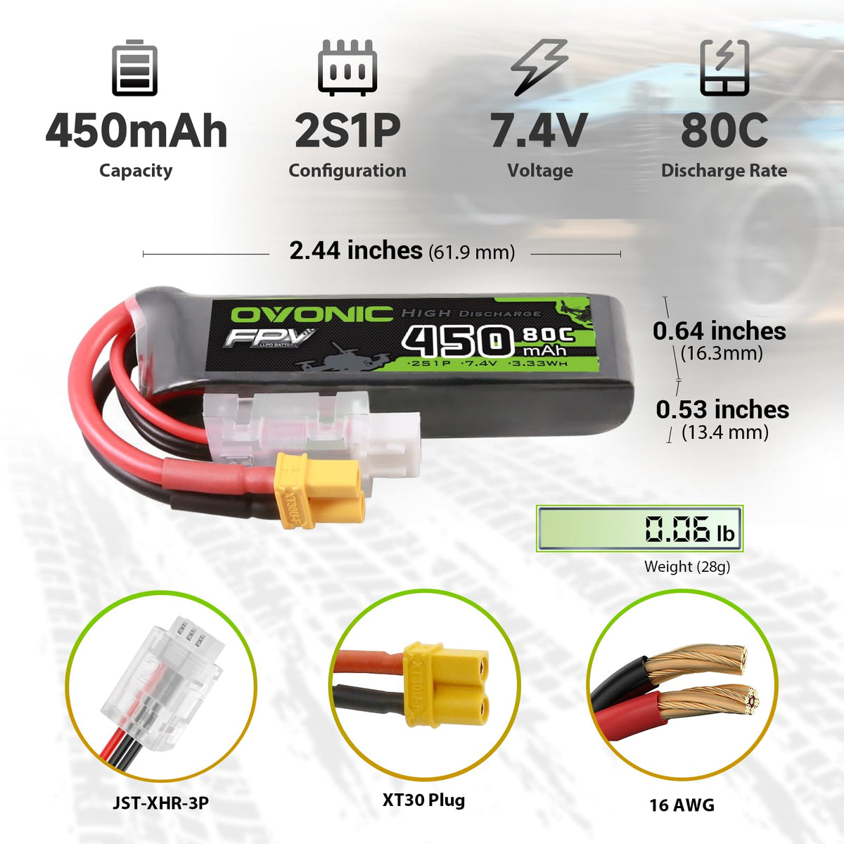 OVONIC 7.4V 450mAh 2S LiPo battery side view highlighting compact design.
