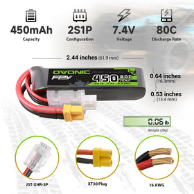 OVONIC 7.4V 450mAh 2S LiPo battery side view highlighting compact design.
