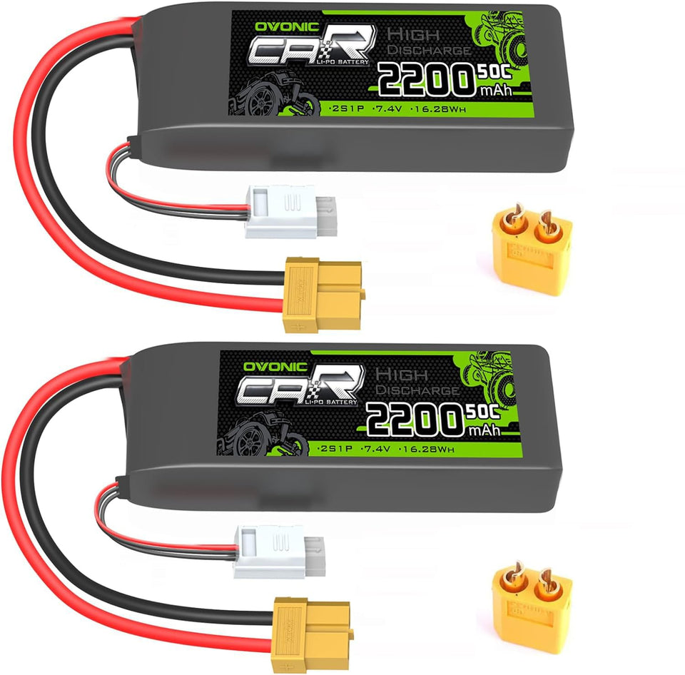 OVONIC 7.4V LiPo 2200mAh battery with XT60 plug for high‑drain RC power