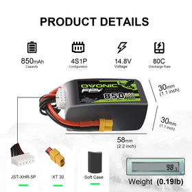 OVONIC 80C 850mAh 4S battery dimensions 58x30x30mm