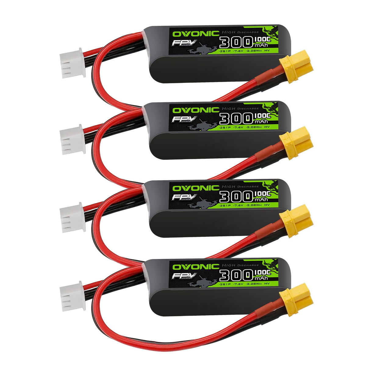 OVONIC 7.6V 300mAh LiPo battery front view, compact 2S pack for RC models.