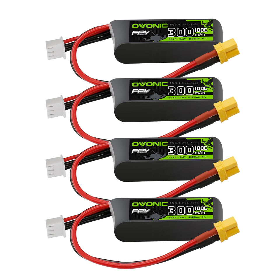 OVONIC 7.6V 300mAh LiPo battery front view, compact 2S pack for RC models.