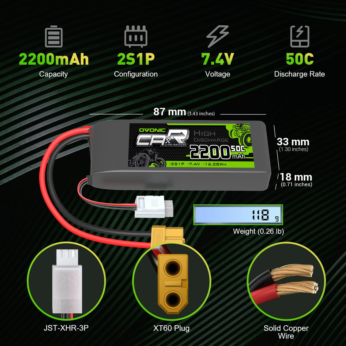 OVONIC battery dimensions 87x33x18 mm for easy mounting