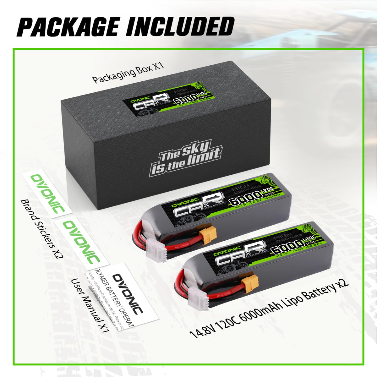 OVONIC battery dimensions and weight on the label for compatibility checks.