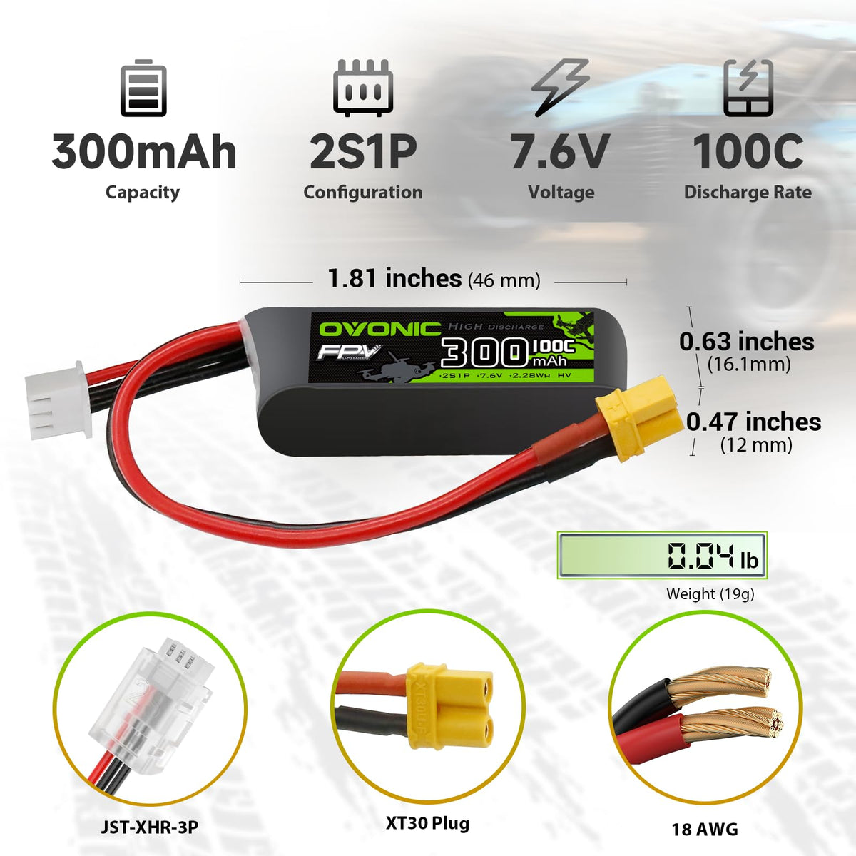 OVONIC XT30 connector detail for easy plug-in compatibility.