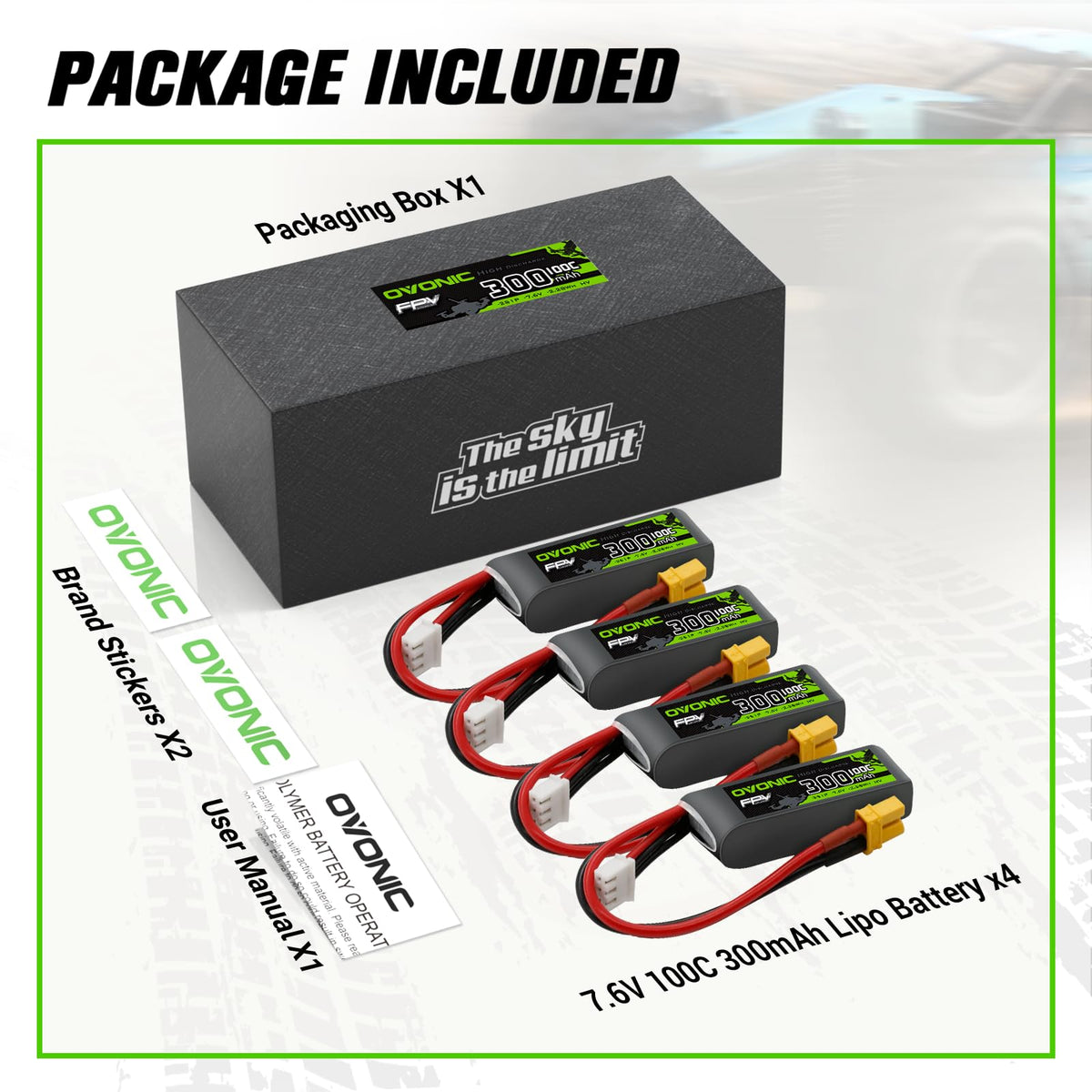 Box and manual included for OVONIC 2S LiPo kit.