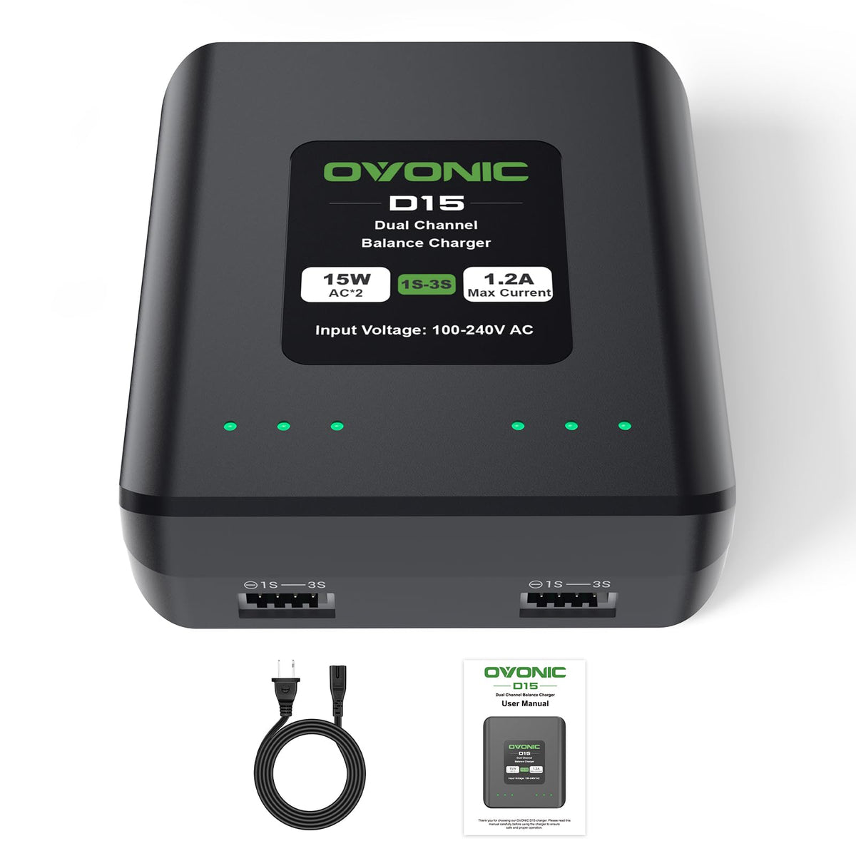 OVONIC D15 dual charger front view charges two LiPo batteries simultaneously.