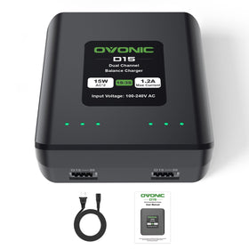 OVONIC D15 dual charger front view charges two LiPo batteries simultaneously.
