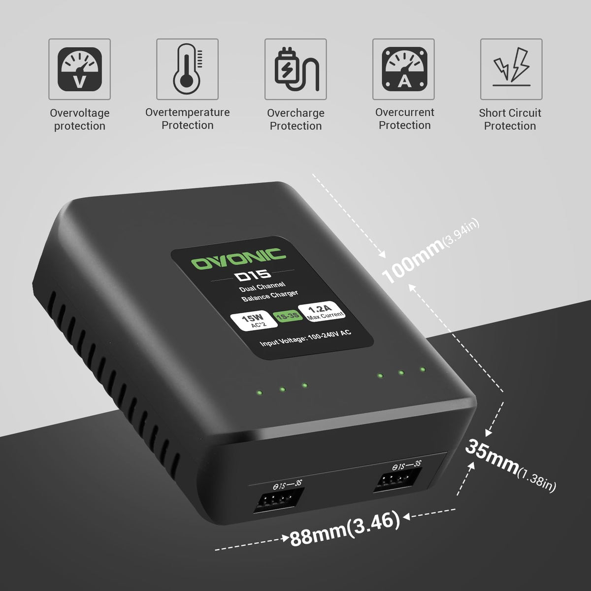 OVONIC D15 high-efficiency conversion graphic communicates up to 98 percent efficiency.