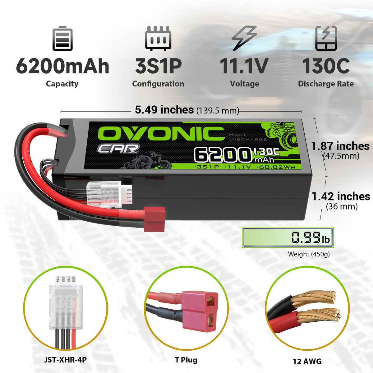 OVONIC Deans connector on 11.1V pack enables reliable power delivery for demanding RCs.