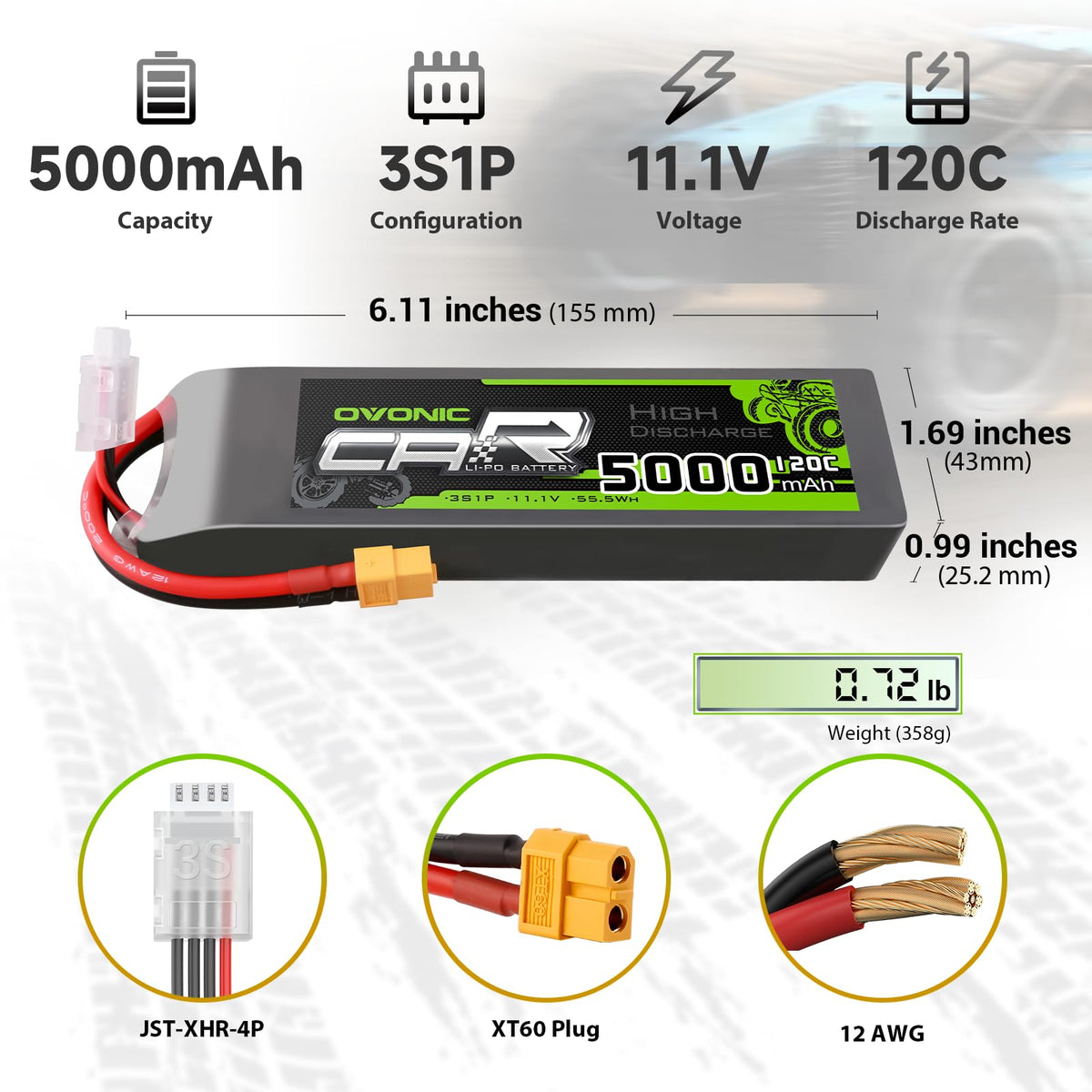OVONIC EC5 plug close-up on high‑drain LiPo connection.