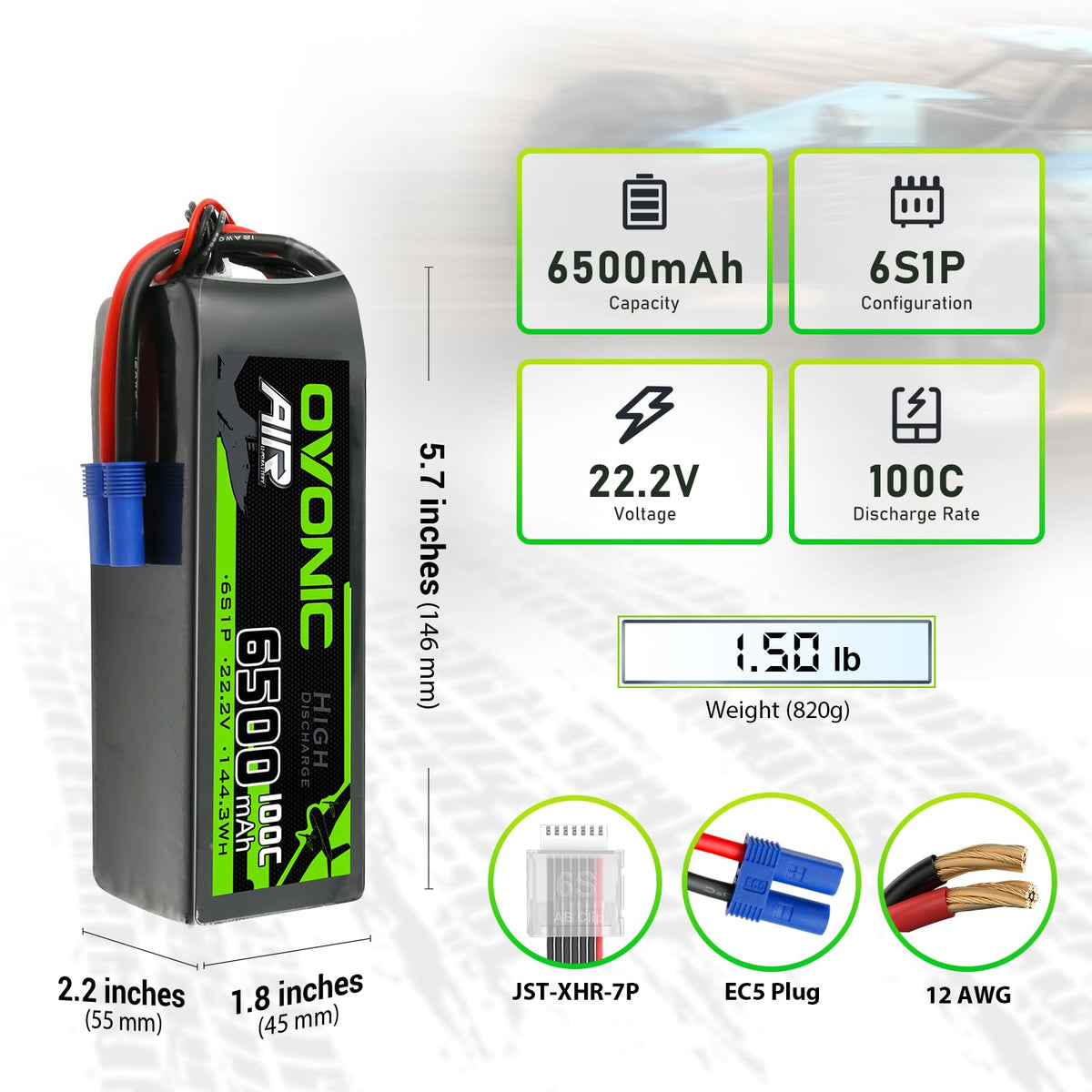 OVONIC Lipo 6500mAh 100C 22.2V 6S side view highlighting compact design