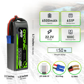 OVONIC Lipo 6500mAh 100C 22.2V 6S side view highlighting compact design