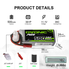 OVONIC LiPo battery showing JST-XHR-4P connector for easy setup.