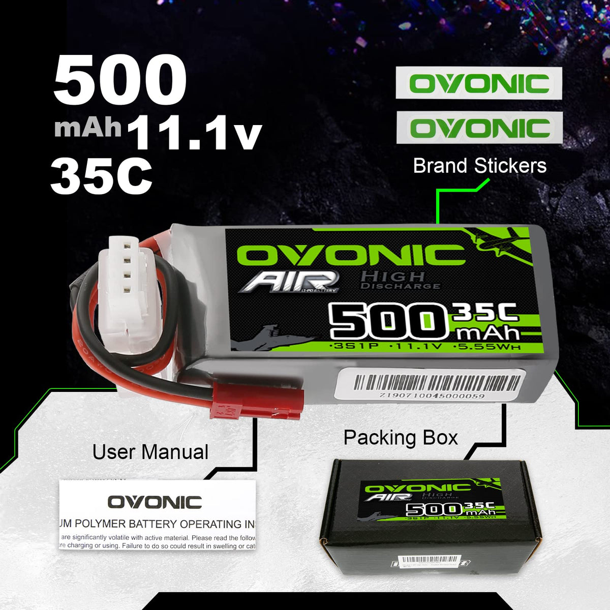 OVONIC two-pack LiPo battery set stored in a soft case for safe transport.