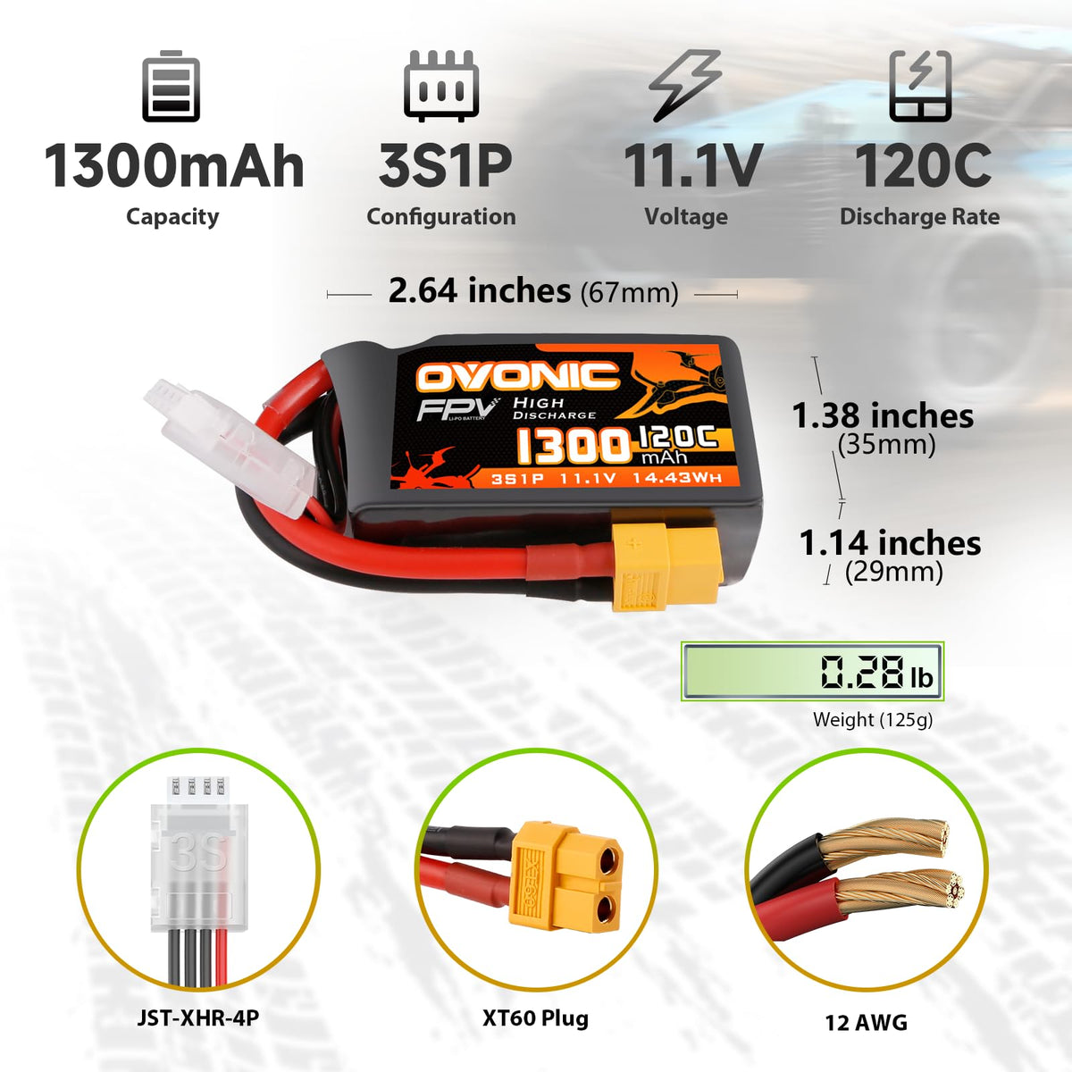 Close-up of XT60 plug on OVONIC 1300mAh battery