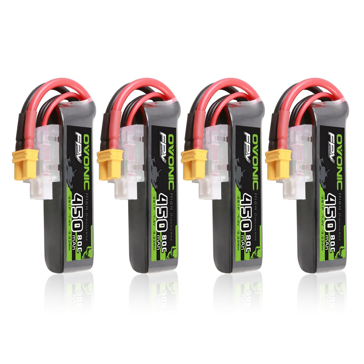 OVONIC long 2S LiPo battery with XT30 front view for quick installs.