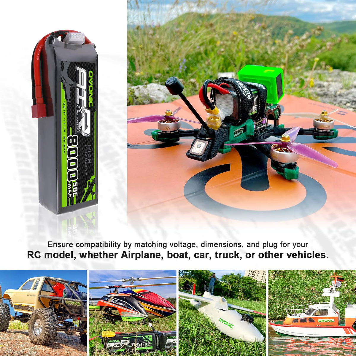 OVONIC 11.1V LiPo battery powering RC vehicles for performance