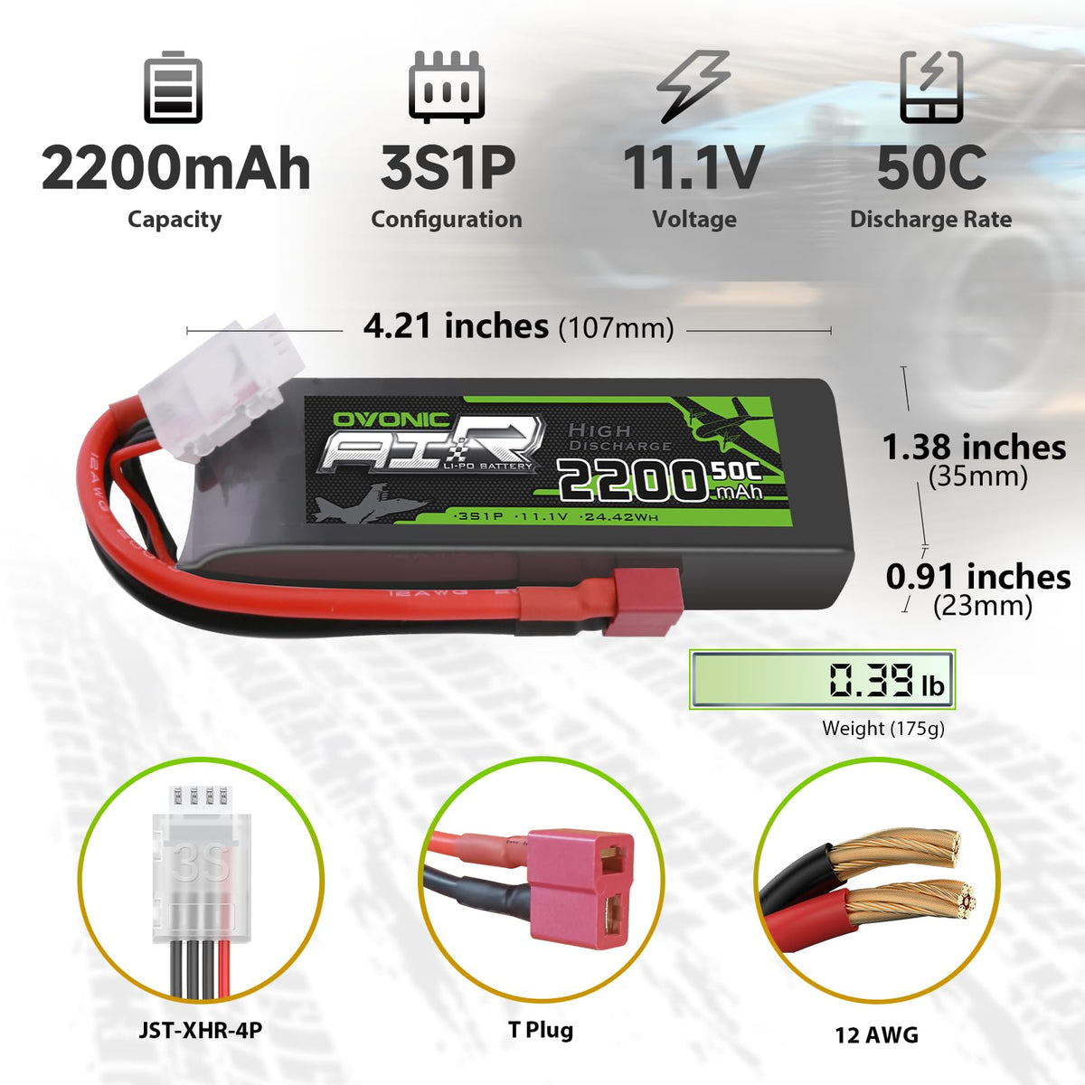 Close-up of OVONIC battery with Dean-style T connector for quick RC plane swaps