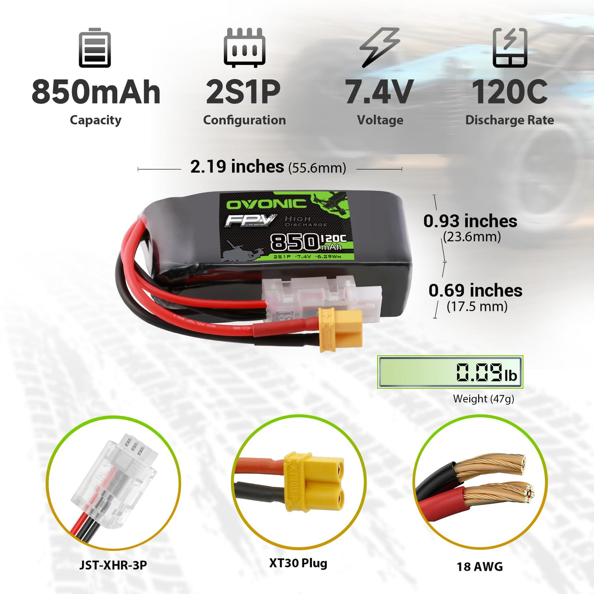 OVONIC RC battery showing XT30 discharge connector for secure power delivery.