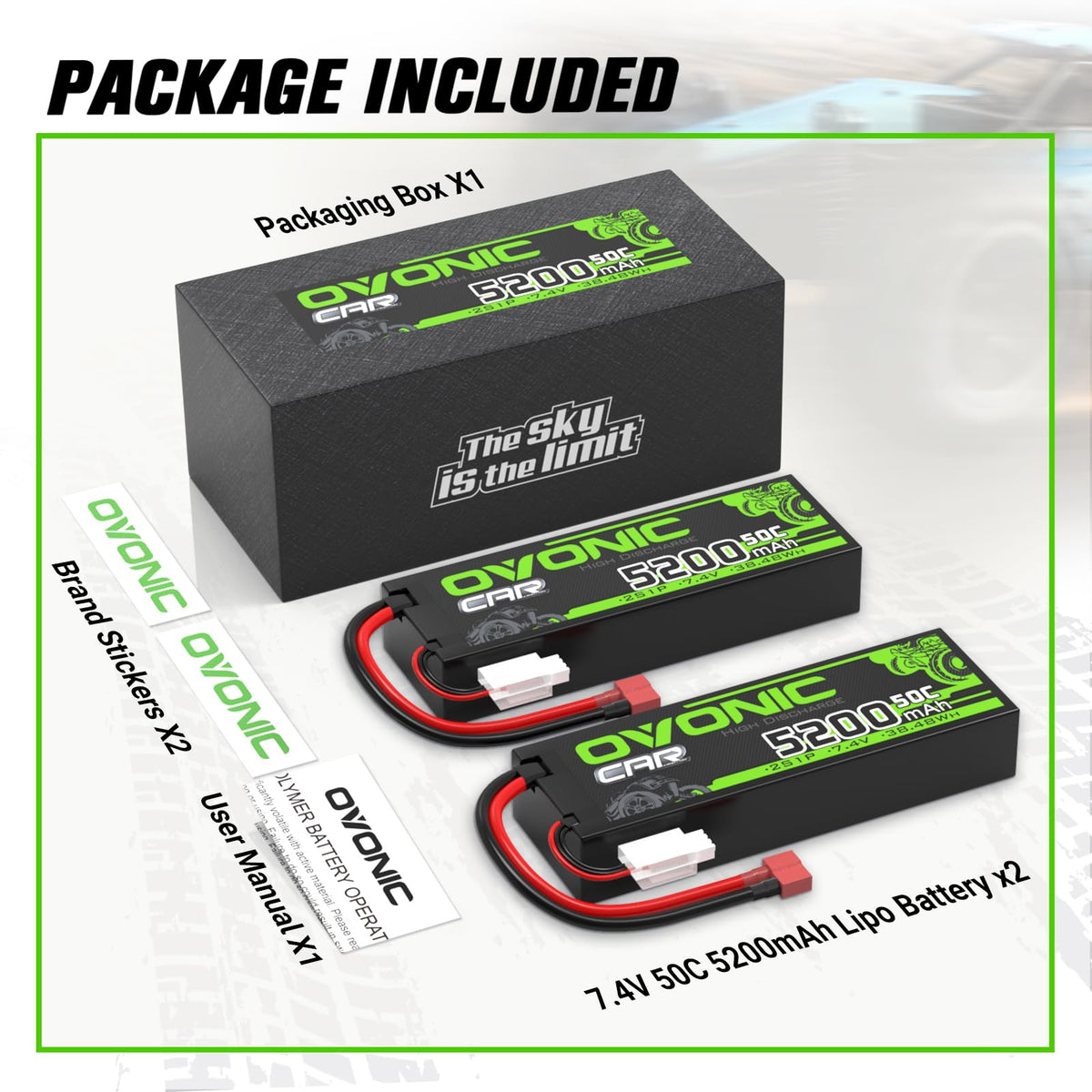 OVONIC 2S LiPo battery installed in an RC car for extended run time